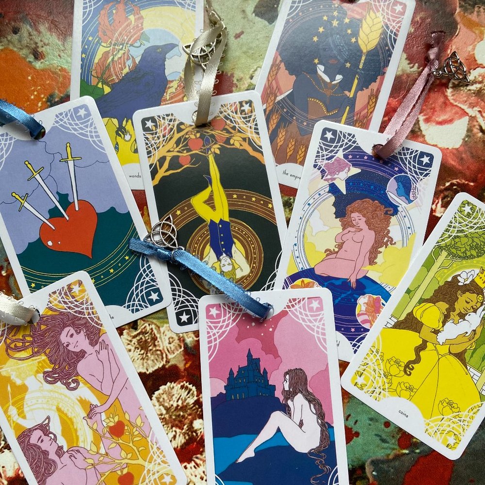 3 Randomly Selected Tarot Card Bookmarks Handmade w/ Ribbon & Celtic Knot Charm
